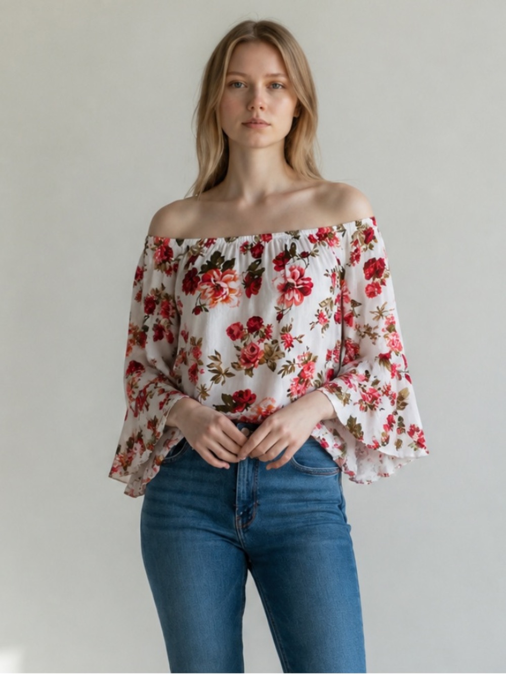 Ambiance White Off-Shoulder Blouse with Red Floral Print